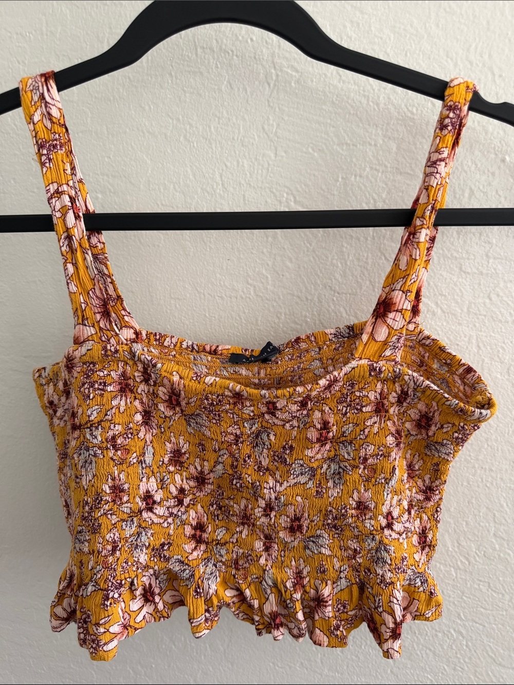 American Eagle Outfitters Mustard Yellow Floral Smocked Crop Top